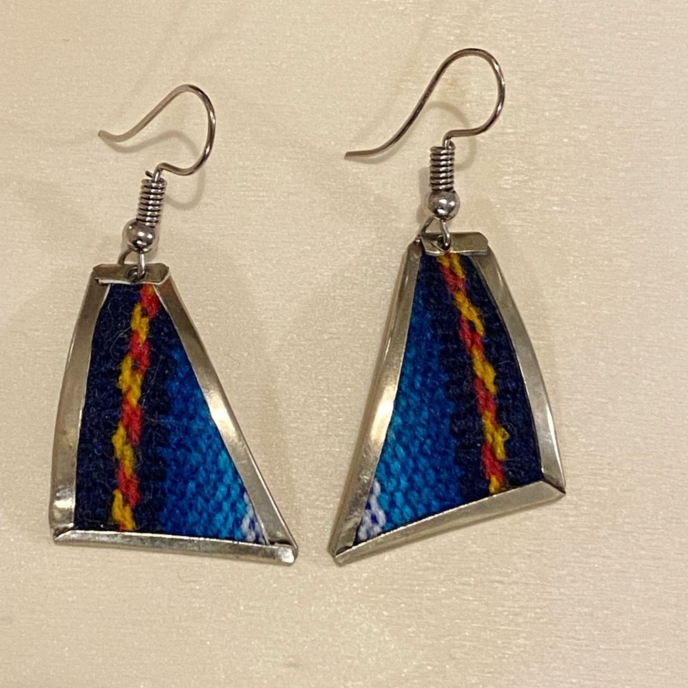 Vintage Peruvian blue and yellow Wool Textile in Silver Geometric Boho Earrings